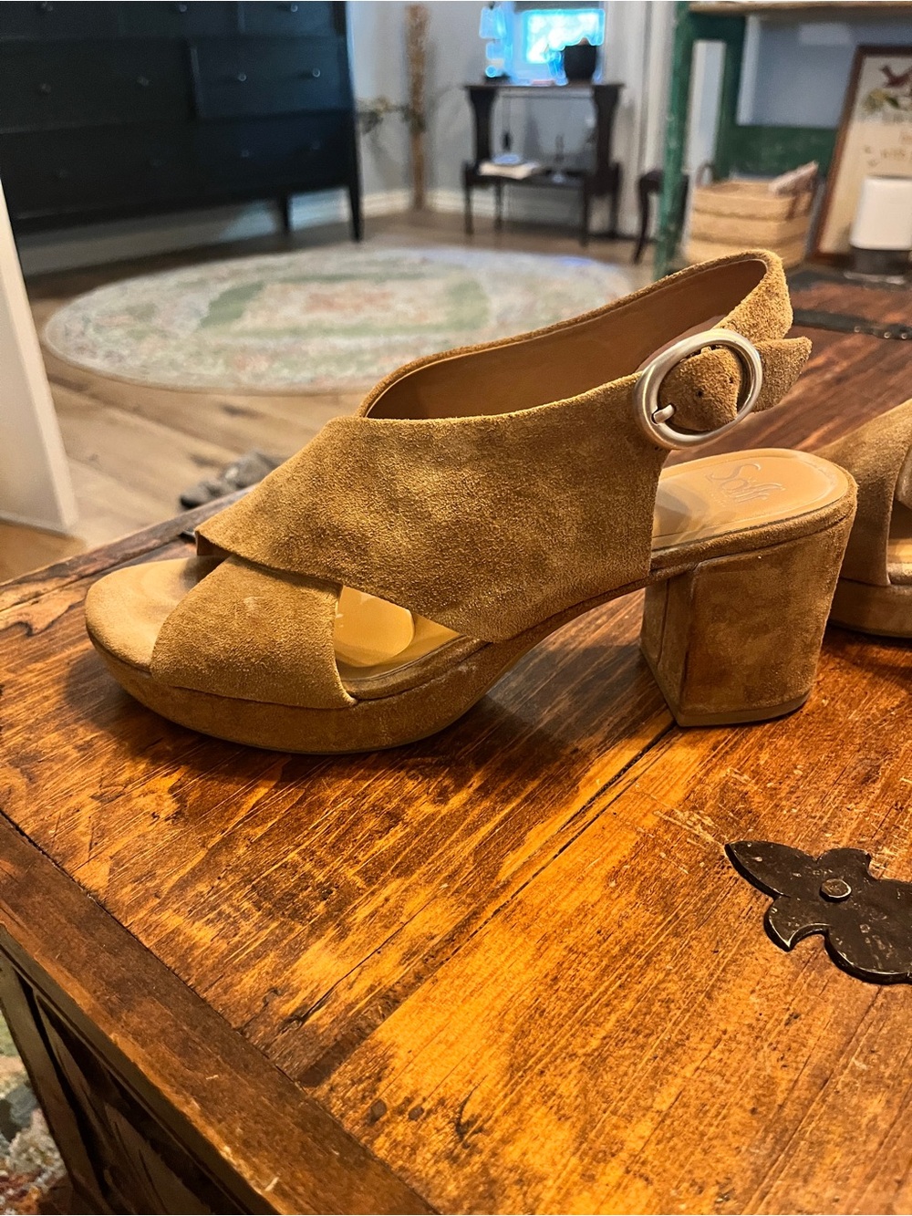 Sofft Suede Block Heel Sandal in Saddle with Buckle